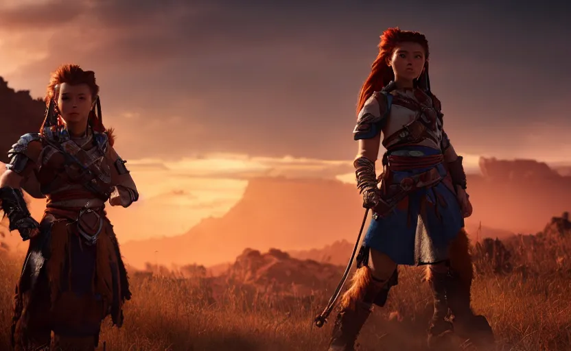 Image similar to unreal engine 5 render of aloy!, beautiful woman, space marine!, standing atop rise, sunset lighting, war silhouette in background hyper realism, realistic shading, cinematic composition, blender render, octane render, hdr, detailed textures, photorealistic, ultrawide shot, 1 6 mm lens