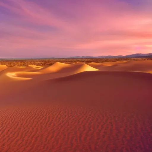 Prompt: massive desert dunes in front of a pink sky, surreal,