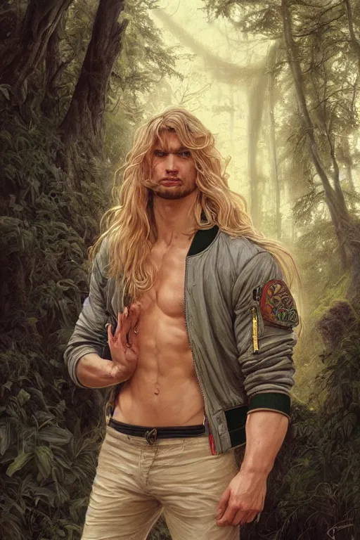 Prompt: portrait of a blonde herculian man in a bomber - jacket, flowing hair, forest, full body, muscular, fantasy, intricate, elegant, highly detailed, digital painting, artstation, concept art, sharp focus, illustration, art by artgerm and greg rutkowski and alphonse mucha