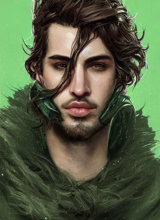 Prompt: a highly detailed illustration of young thick wavy messy haired guy wearing mechanical green face mask and brown noir coat, clean shaven, dramatic bored expression, intricate, elegant, highly detailed, centered, digital painting, artstation, concept art, smooth, sharp focus, league of legends concept art, wlop