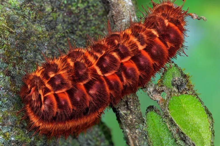 Image similar to hickory horned devil ( regal moth ) caterpillar award winning nature photography, cgi character design psychedelic colors, fluffy long hair, amazing design