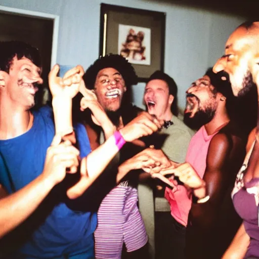 Image similar to photo of a bunch of people partying at a small house party. They are listening to snoop Dogg in the early 90's