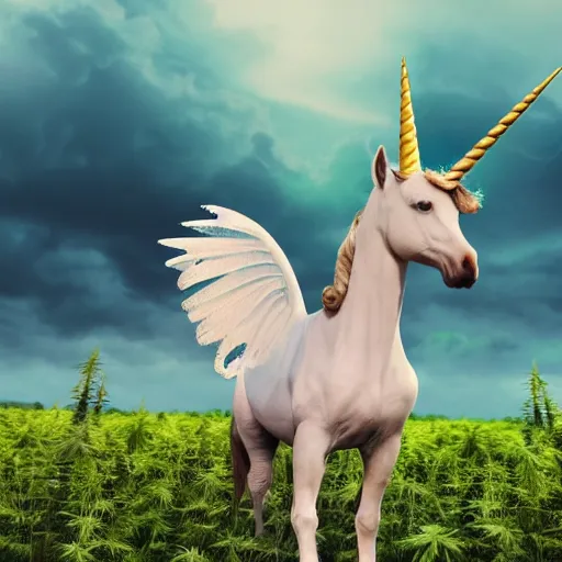 Image similar to a unicorn with wings standing in a field of marijuana eating, wildlife photography, 8 k, highly detailed, ultra realistic