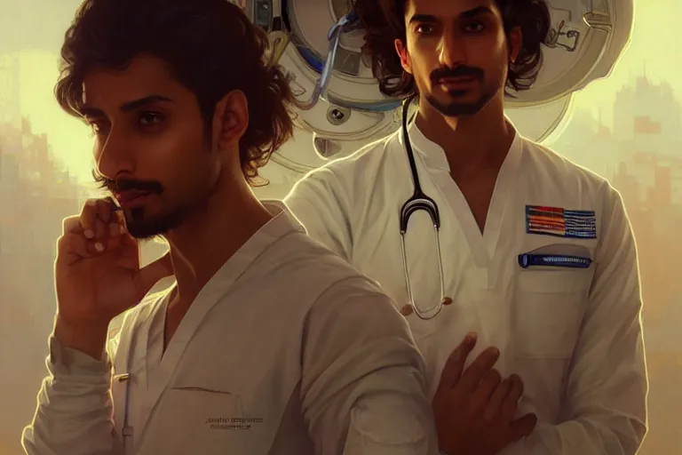 Image similar to Sensual good looking pale young Indian doctors wearing jeans in a space station above Earth performing surgery, portrait, elegant, intricate, digital painting, artstation, concept art, smooth, sharp focus, illustration, art by artgerm and greg rutkowski and alphonse mucha