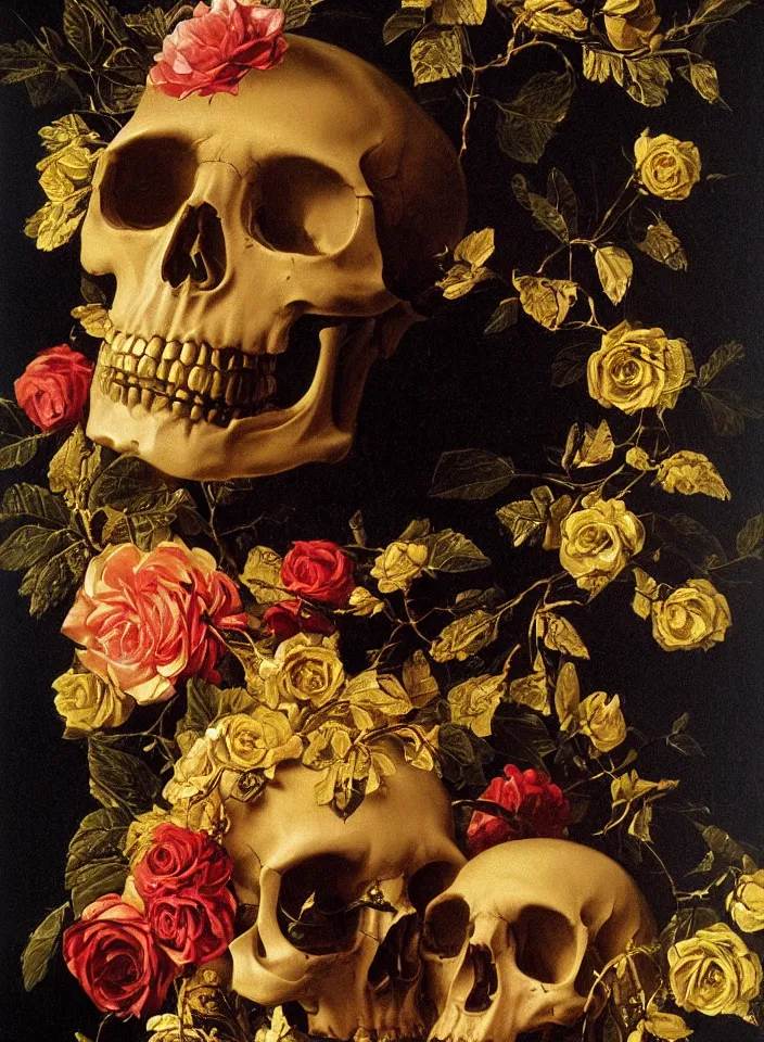 Image similar to portrait of a marble skull with a wreath of gold roses and a dress of gold rose petals, oil painting in a renaissance style , very detailed, painted by Caravaggio.