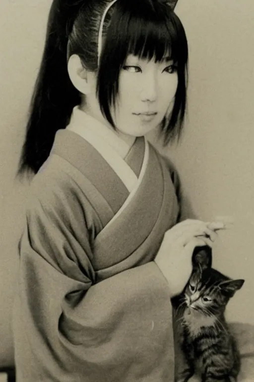 Prompt: first ever photograph of a japanese catgirl