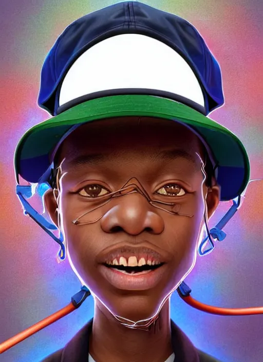 Prompt: caricature - vfx art - portrait of a nigerian boy wearing a baseball cap with wires and computer chips dangling from inside, art style by james jean, character concept art, digital illustration, colourful, sharp, intricate detail, volumetric light, ray tracing, symmetric, unreal engine render, behance, artstation, pinterest,