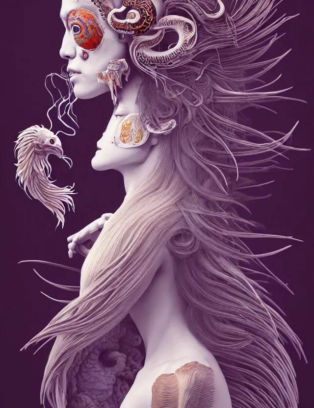 Image similar to 3 d goddess half - turn portrait with long hair with ram skull. beautiful intricately detailed japanese crow kitsune mask and clasical japanese kimono. betta fish, jellyfish phoenix, bio luminescent, plasma, ice, water, wind, creature, artwork by tooth wu and wlop and beeple and greg rutkowski