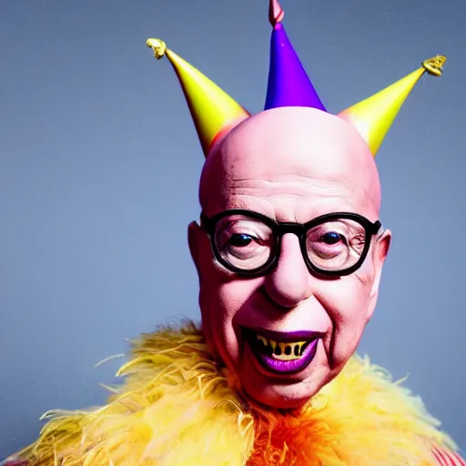 Image similar to UHD candid photo of Klaus Schwab dressed as flamboyant emperor wearing dunce cap, wearing extremely accurate clown makeup, accurate face, UHD, photorealistic, correct face, photo by Annie Leibowitz