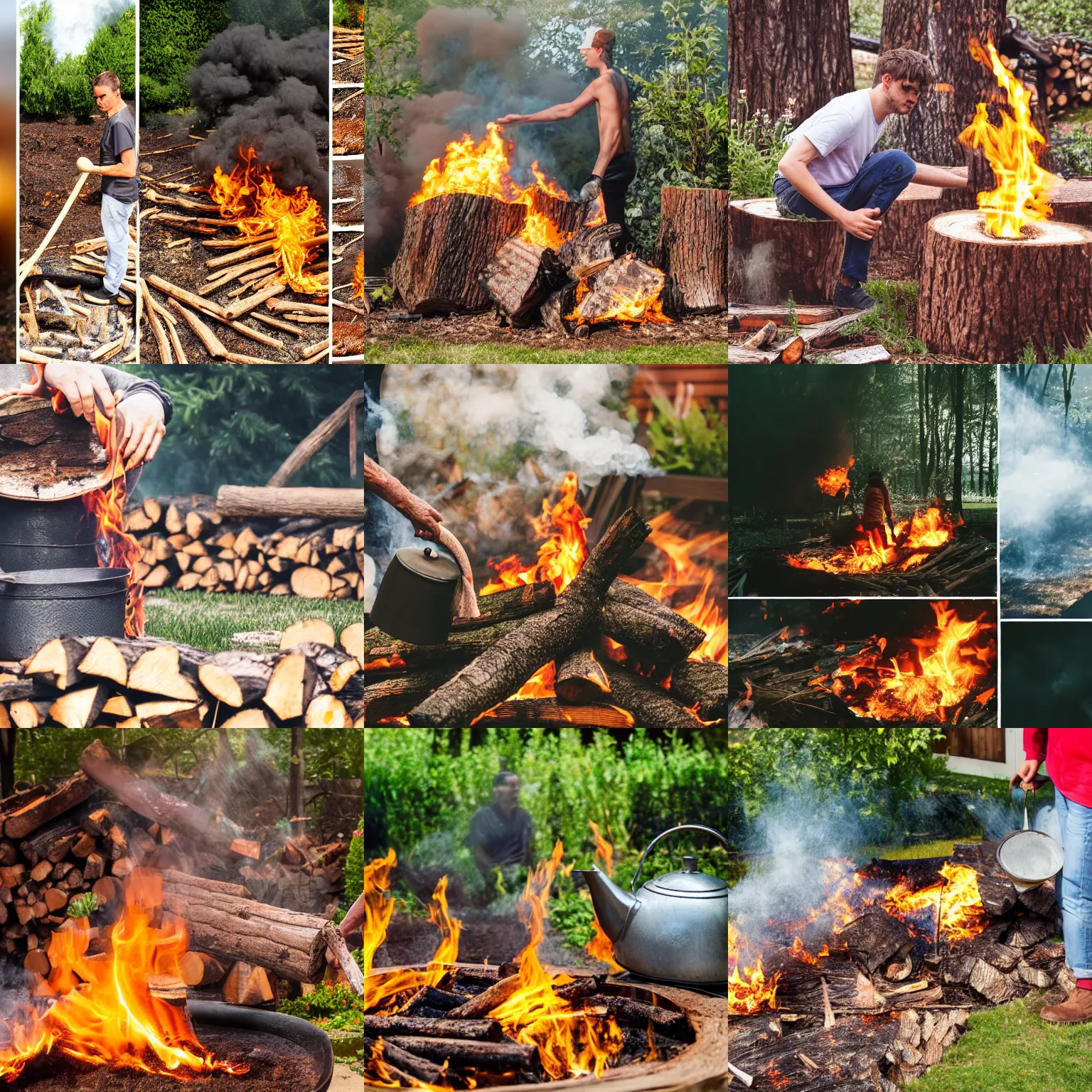 Prompt: Photostock of a person half immersed in a very big kettle laid on burning wood in front of a garden.