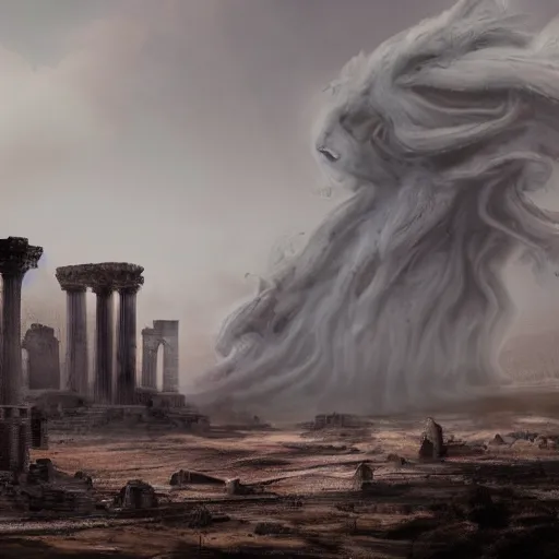 Prompt: Giant smoke monster coming out of the ground, thick swirling smoke, Nyarlathotep, Tentacles, mist, air particles, sandstorm, dramatic lighting, Byzantine ruins, surrounded by priests, worshipers, desert, cinematic, trending on artstation