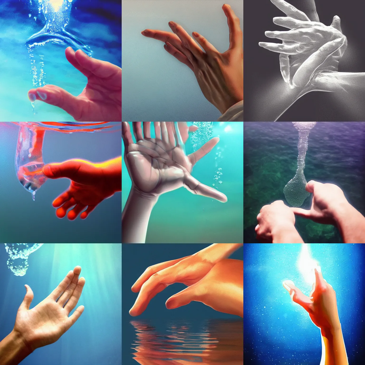 Prompt: hand reaching down into the water, crystal clear water, light refraction. in the style of hand study, artstation trending, digital art, underwater