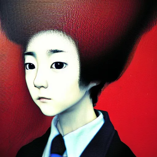 Image similar to yoshitaka amano blurred and dreamy realistic three quarter angle portrait of a young woman with short hair and black eyes wearing office suit with tie, junji ito abstract patterns in the background, satoshi kon anime, noisy film grain effect, highly detailed, renaissance oil painting, weird portrait angle, blurred lost edges