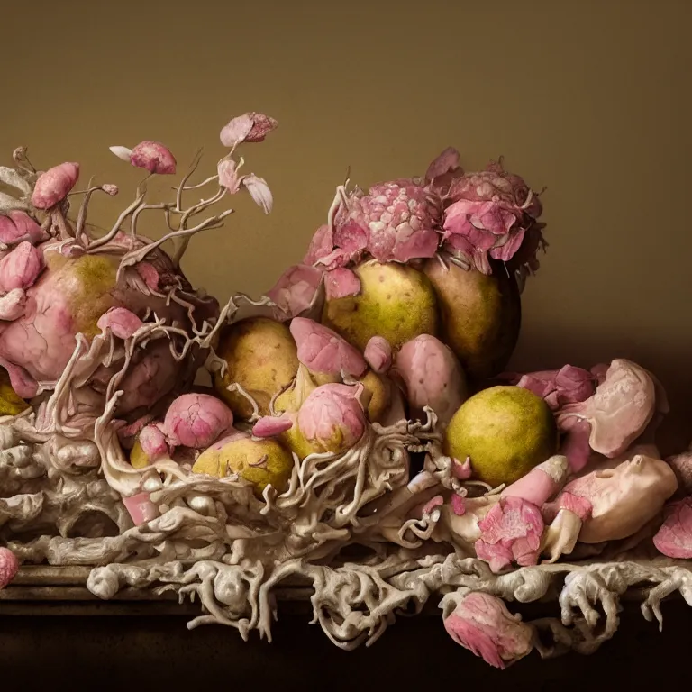 Image similar to still life of rotten flesh, beautiful pastel flowers, human spine, tropical fruit baroque painting, beautiful detailed intricate insanely detailed octane render, 8K artistic photography, photorealistic