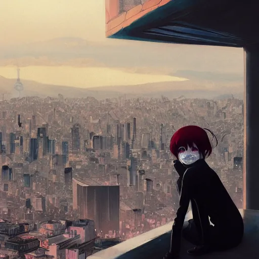 Image similar to melancholic girl wears a tokyo ghoul mask while looking at the city, incredible view of Santiago at dawn, illustration by Greg Rutkowski and Yoshitaka Amano