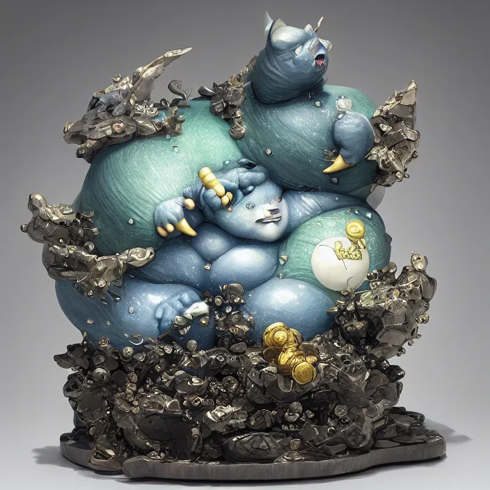 Prompt: plasticine wet shiny angles, crystal, moonlit, mirrors, camera angled dramatically, realistic hyperdetailed design of snorlax, japanese mythology ornament, victo nga, fumo yoshitoshi, ren jing jeong, feifei ruan, peter mohrbacher, takato yamamoto