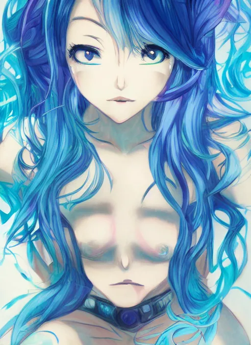 Image similar to a woman with blue hair sitting underwater, a beautiful anime drawing by yuumei, featured on pixiv, rayonism, pixiv, seapunk, very anime anime!! detailed