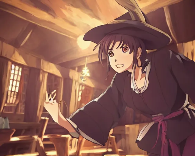 Image similar to key anime visual portrait of a young female witch in a tavern interior defending a companion, dynamic pose, dynamic perspective, cinematic, dramatic lighting.