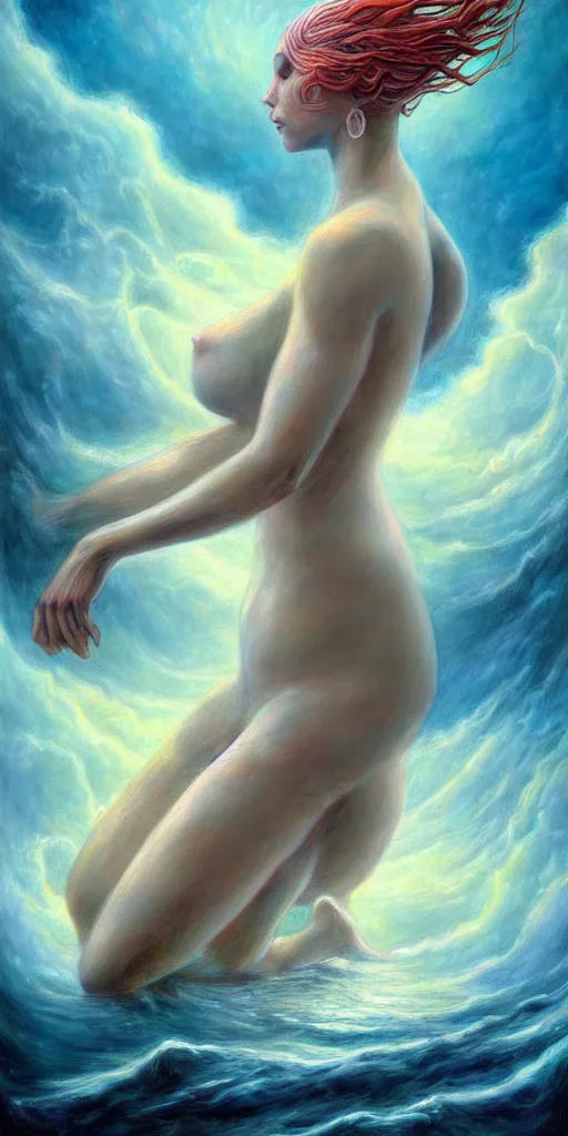 Prompt: concept art of the most beautiful titan woman emerging from the ocean and touching a cloudy sky hannah yata pascale blanche wide angle