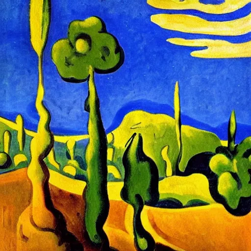 Prompt: painting of a lush natural scene on an alien planet by andre derain. beautiful landscape. weird vegetation. cliffs and water.