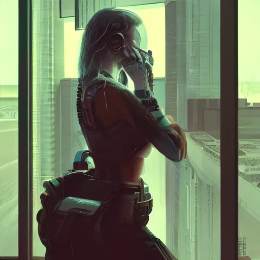 Image similar to portrait of cyberpunk woman looking out of a window, cyberpunk setting, futuristic, highly detailed, intricate lighting, digital painting, sharp focus, illustration, trending on artstation, art by wlop.