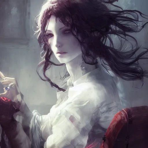 Prompt: goth woman, atmospheric, tankoban, 4 k, tone mapping, akihiko yoshida, james jean andrei riabovitchev marc simonetti, yoshitaka amano, long hair, curly, h. hydrochaeri