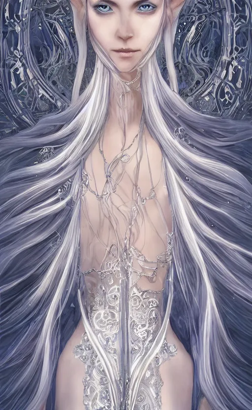 Image similar to an elven woman with long, silver hair cascading down her back. she has delicate, angular features and piercing blue eyes. she's clad in a flowing white dress with intricate silver embroidery, dynamic lighting, photorealistic fantasy concept art, trending on art station, stunning visuals, creative cinematic, ultra detailed