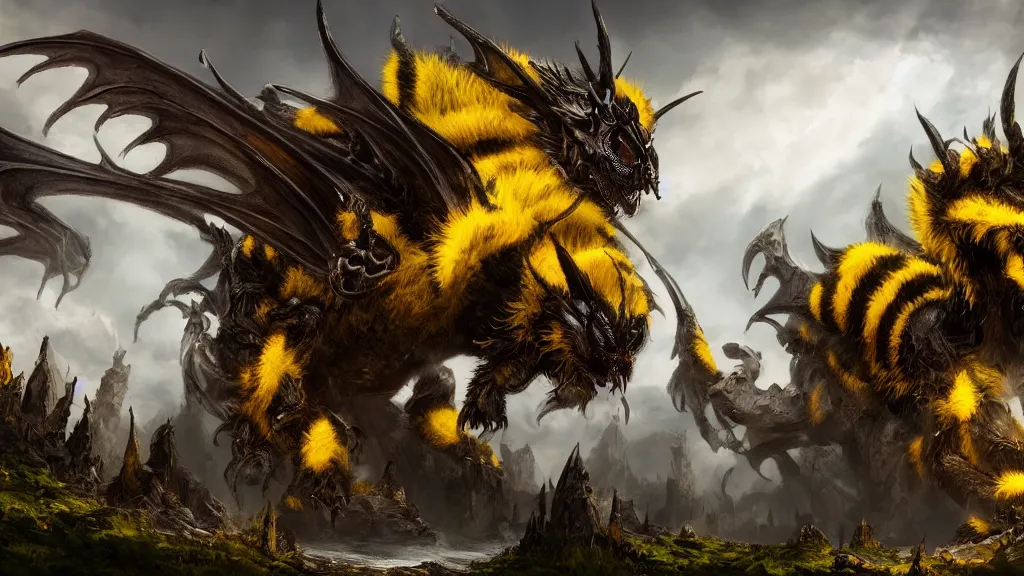 Image similar to giant bumblebee dragon, fantasy artwork, very very very beautiful scenery, hd, hdr, ue5, ue6, unreal engine 5, cinematic 4k wallpaper, 8k, ultra detailed, high resolution, artstation, award winning