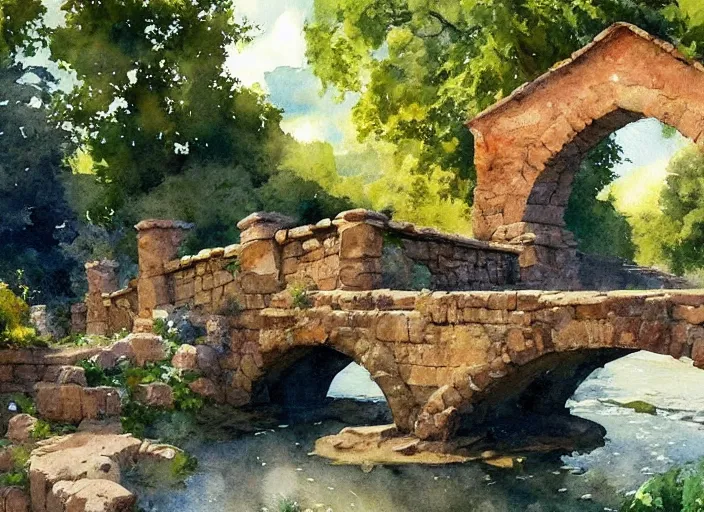 Image similar to watercolor of rustic stone bridge with mural, ivy, summer daylight, bright clear day, clouds, high detailed art by dennis miller bunker, work by anders zorn, wonderful masterpiece by greg rutkowski, beautiful cinematic light, american romanticism by greg manchess, creation by tyler edlin