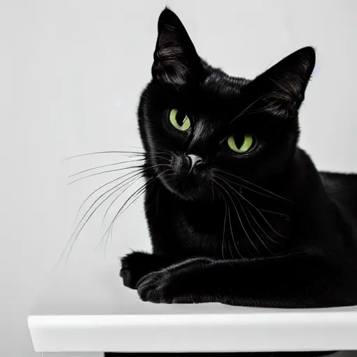 Prompt: studio photograph of a black cat sitting on a white table