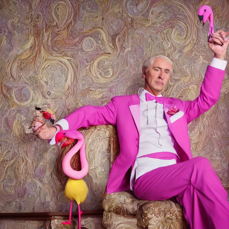 Prompt: high fashion photoshoot octane render portrait by wayne barlow and carlo crivelli and glenn fabry, a distinguished actor wearing a colorful wes anderson designed uniform and holding an irritated pink flamingo inside a high - end exotic colorful pastel vintage boutique hotel lounge, very short depth of field, bokeh