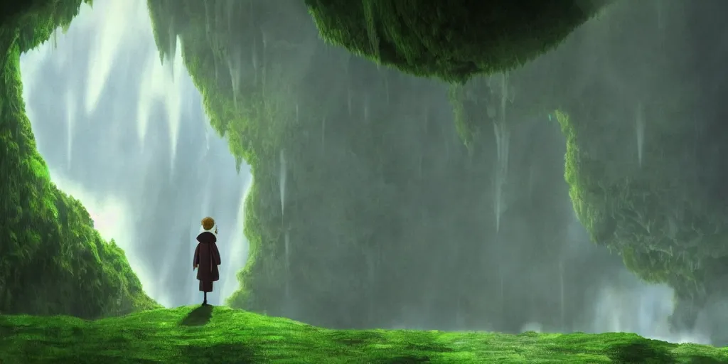 Prompt: a cell - shaded cartoon movie still from howl's moving castle ( 2 0 0 4 ) of a monk in a grey robe and a giant green golem. in the background is a white pyramid in a flooded rainforest valley. shafts of sunlight come from above. wide shot, very dull muted colors, hd, 4 k, hq