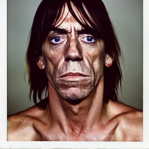 Image similar to Mugshot Portrait of Iggy Pop, taken in the 1970s, photo taken on a 1970s polaroid camera, grainy, real life, hyperrealistic, ultra realistic, realistic, highly detailed, epic, HD quality, 8k resolution, body and headshot, film still, front facing, front view, headshot and bodyshot, detailed face, very detailed face