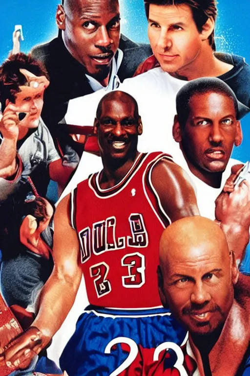 Image similar to 2000s comedy movie poster featuring Michael Jordan, Adam Sandler, Will Ferrell and Tom Cruise, imdb top 5 movies, trending on letterboxd, high detail, realistic, 8k resolution