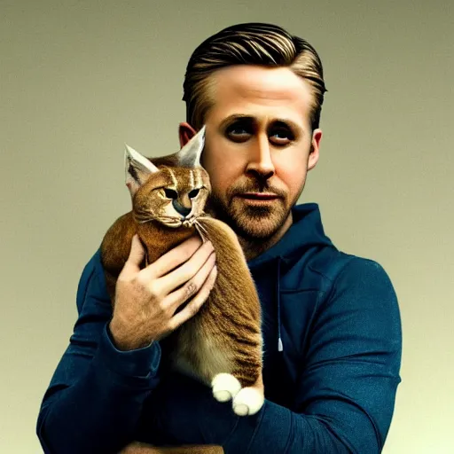 Image similar to Ryan Gosling holds a caracal cat in his hands, ultra highly detailed, smooth, sharp focus, elegant, artstation