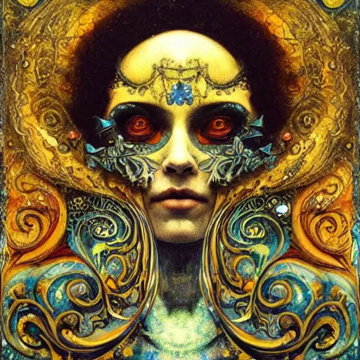 Image similar to Memento Mori by Karol Bak, Jean Deville, Gustav Klimt, and Vincent Van Gogh, beautiful visionary mystical portrait, calavera, otherworldly, fractal structures, ornate gilded medieval icon, third eye, spirals, jeweled calavera by Jean Delville