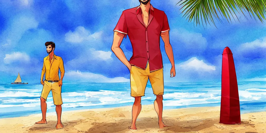 Prompt: a handsome guy is standing tall, in a beautiful shirt, with the beach, sea, sun, rays in the background? super detail, one character