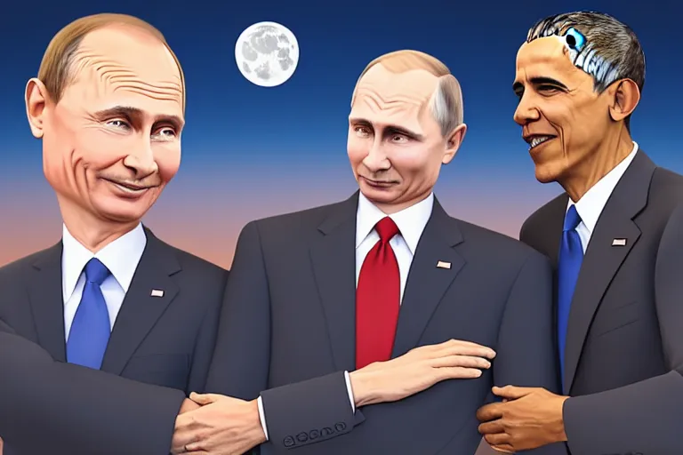 Prompt: President barrack Obama holding hands lovingly with Vladimir Putin on the moon, photorealistic 8K