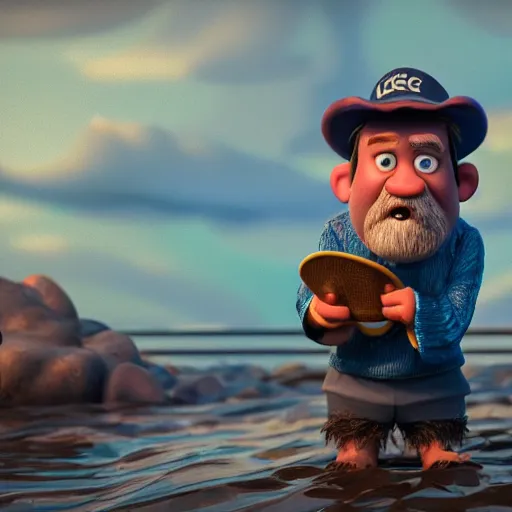 Prompt: gruff fisherman, disney, pixar, 8 k, hd, dof, kodak film, volumetric lighting, subsurface scattering, iridescent, photorealistic, octane render