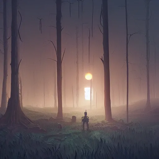 Image similar to simon stalenhag, bionicle, forest, foggy, horror