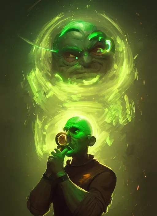 Image similar to a highly detailed illustration of bald old man smoking with green glowing eyes, dramatic smoking pose, nuclear background, intricate, elegant, highly detailed, centered, digital painting, artstation, concept art, smooth, sharp focus, league of legends concept art, wlop.