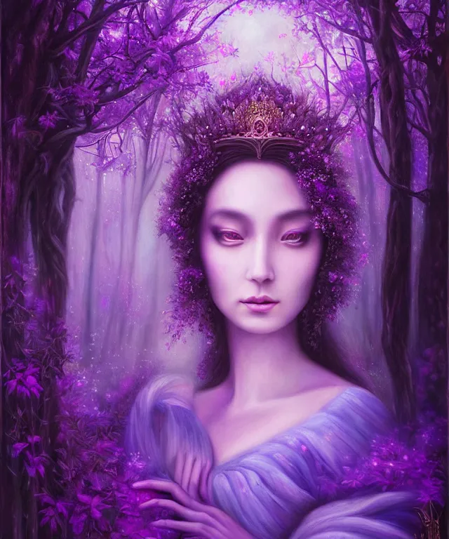 Prompt: ultra detailed, magical realism, portrait painting, of the beautiful empress within the enchanted purple forest, glowing purple, volumetric lighting, illusion, intricate details, by whitney sherman.