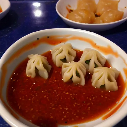 Prompt: delicious dumplings with chili sauce made by hayao miyazaki!!