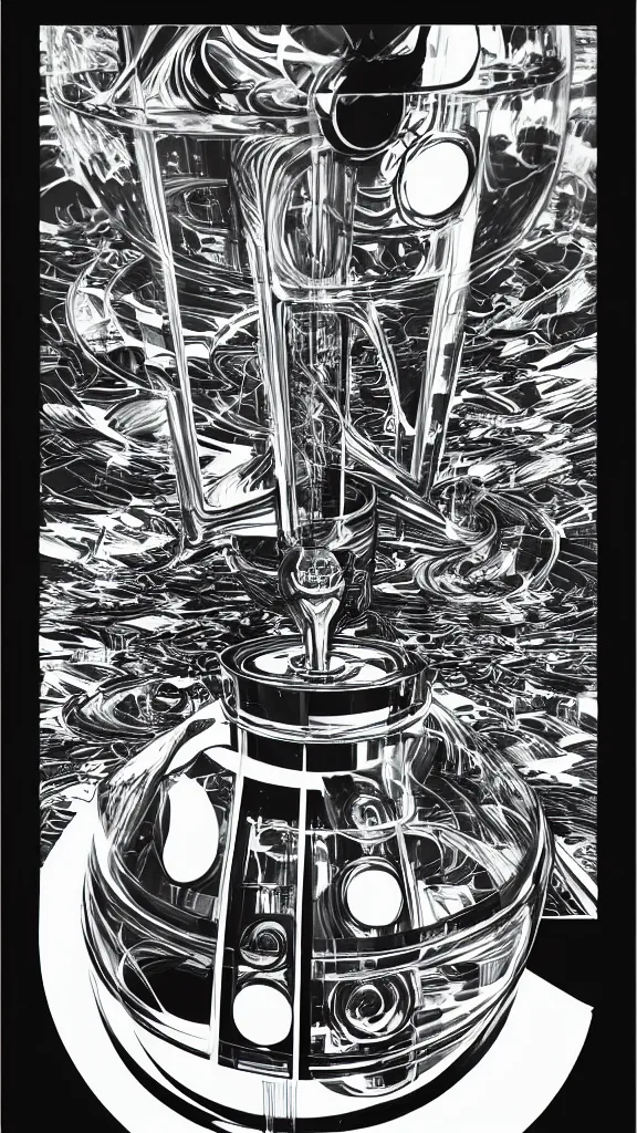 Prompt: majestic futuristic expensive glass bubbler percolator water bong, vibrant minimalist cannabis decor, two point perspective, furniture, high details, bold line art, by vincent di fate and joe fenton, inking, etching, screen print, masterpiece, trending on artstation, sharp, high contrast, hyper - detailed,, hd, 4 k, 8 k