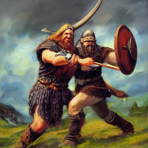 Prompt: A viking fighting a troll, oil painting
