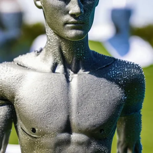 Image similar to a realistic detailed photo of a guy who is an attractive humanoid who is half robot and half humanoid, who is a male android, soccer player martin ødegaard, shiny skin, posing like a statue, blank stare, by the pool, on display, showing off his muscles, humanoid robot, frozen ice statue