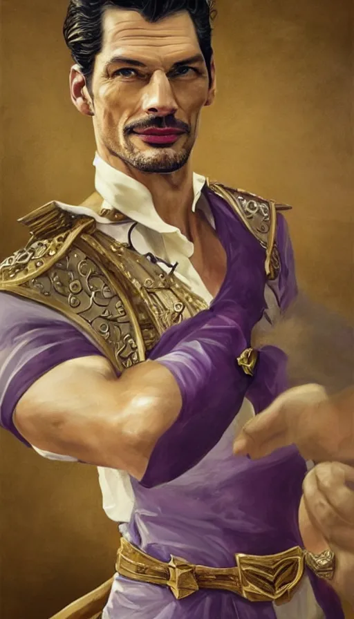 Image similar to david gandy, charming, in a town hall, rich viscount, laughing, fit, cunning, gold and purple, warhammer, lord of the rings, sweaty, intricate, highly detailed, digital painting, artstation, concept art, smooth, sharp focus, illustration, unreal engine 5, 8 k, art by artgerm and greg rutkowski and alphonse mucha