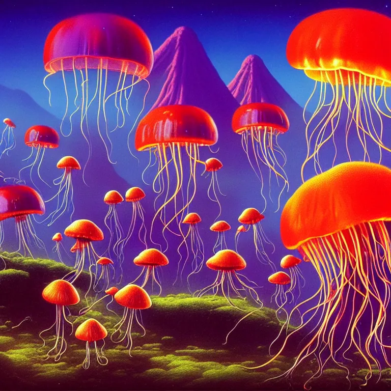 Prompt: mystical jellyfish and shimmering mushroom, volcano valley, bright neon colors, highly detailed, cinematic, tim white, michael whelan, roger dean, bob eggleton, philippe druillet, vladimir kush, kubrick, haeckel, alfred kelsner