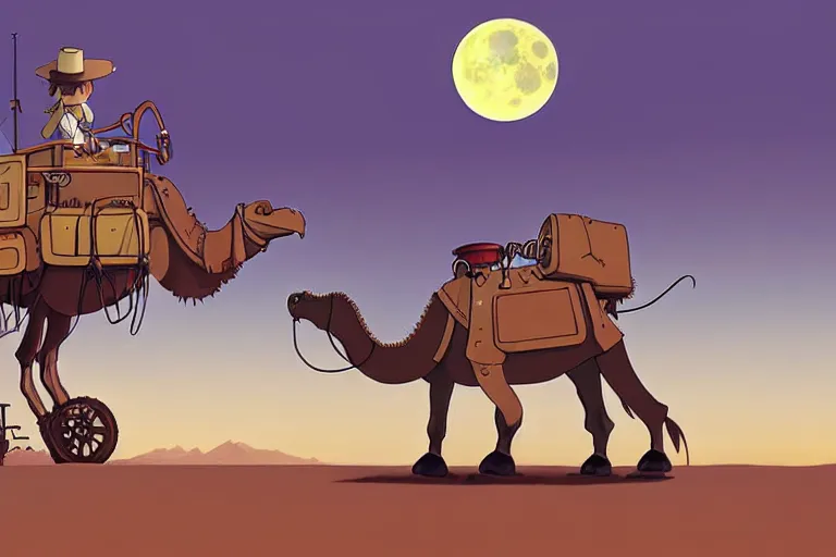 Prompt: a cell shaded cartoon of a lovecraftian mechanized camel from howl's moving castle ( 2 0 0 4 ), on a desert road, in front of a full moon, full body, wide shot, very muted colors, post grunge, studio ghibli, laurie greasley, highly detailed, deviantart, art by artgem