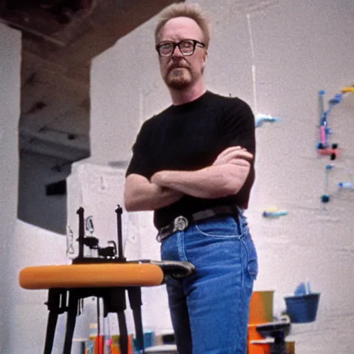 Image similar to color 35mm film still of Adam Savage, figure portrait